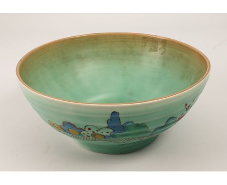 A Clarice Cliff 'Chalet' (no. 633) ribbed bowl - painted with an orange roofed house in a garden landscape, on a turquoise sa