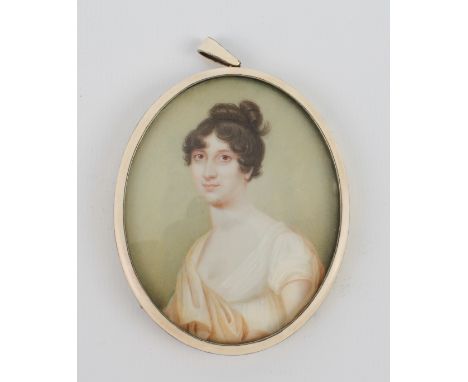 A portrait miniature on ivory of a young lady - 19th century, in a silver-gilt and cream enamel frame, assayed Birmingham 191