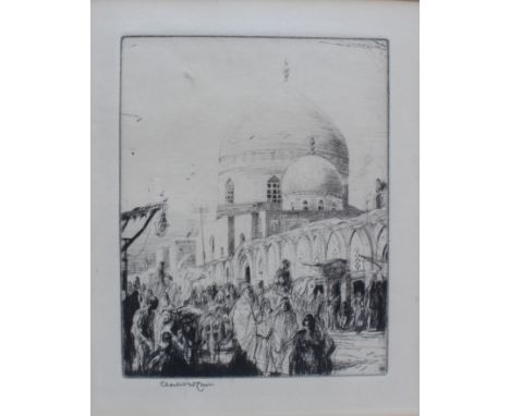 Charles William Cain (1893-1962) Busy street with a mosque above etching, signed in pencil lower left. gilt frame 13.8 x 11.1