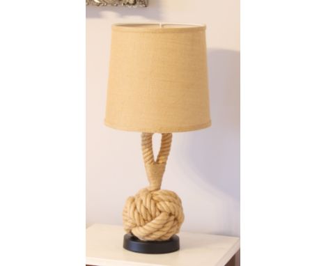 A nautical style knotted rope table lamp - with ebonised base and hessian shade, 58 cm high; together with two bentwood waste