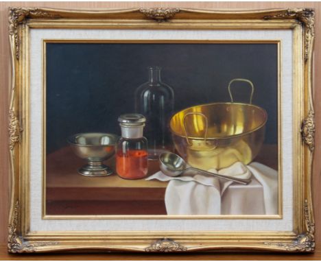 Andras Gombar (Hungarian, b.1946) Still life of a brass vase, ladle, jug, glass bottle and spice jar on a table; Still life o