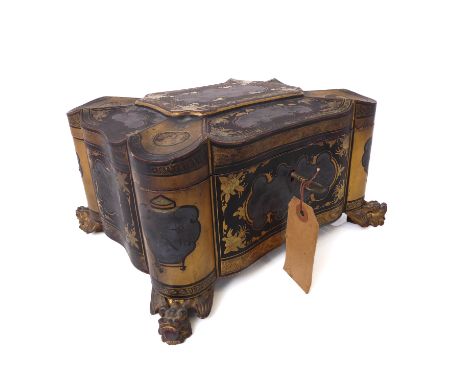 A Chinese export chinoiserie lacquer tea caddy - 19th century, of serpentine rectangular form, decorated with shaped landscap