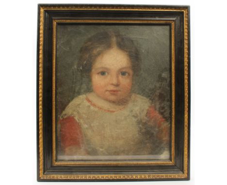 English School (mid-19th century) Portrait of a young girl, half length, in a red and white short sleeved dress oil on canvas