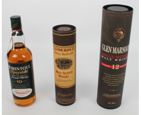 Three bottles of single malt Scotch whisky - Glen Marnoch 12-year-old Speyside, 70cl, in original card tube; a bottle of Tomi