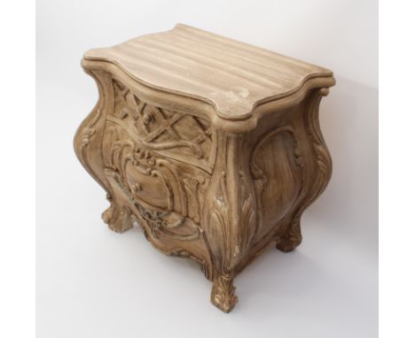 A French 19th century style painted pine bombe commode - of small proportions, with distressed painted finish, the moulded to
