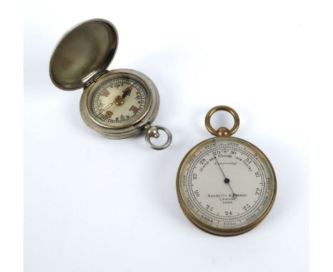 A brass cased pocket barometer by Negretti &amp; Zambra - no.25328, 5 cm diameter; together with a nickel plated pocket compa