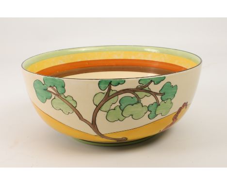 A Clarice Cliff 'Bridgewater' (Green) circular bowl - 1930s, painted with green trees, blue roofed cottage and a blue bridge 
