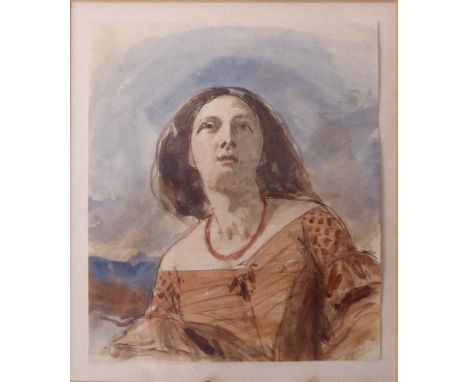 Attributed to William Edward Frost, RA (British, 1810-1877) Portrait of a lady in a landscape watercolour sketch, unsigned 4 
