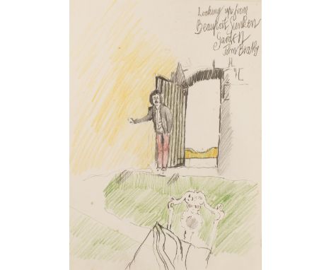 **John Bratby (British, 1928-1992) 'Looking up from Beauport Sunken Garden' coloured pencil sketch, signed and inscribed uppe