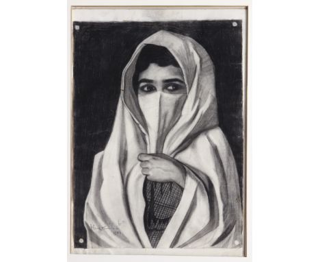 **José&nbsp;Cruz Herrera (Spanish 1890-1972) Portrait head and shoulders of a Moroccan girl wearing a nigab charcoal on paper