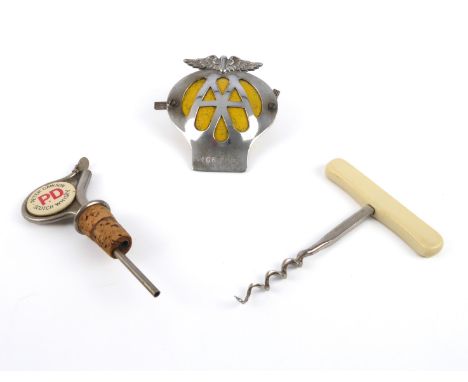 Three vintage collectables: an AA badge,1C69119, a Hedges & Butler (152 Regent Street) corkscrew and a Peter Dawson whisky po