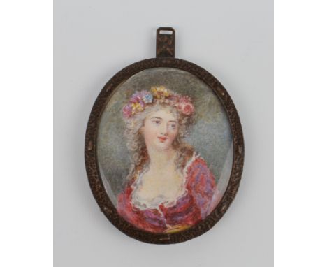 A French oval watercolour portrait miniature by M.E. Hawkley of&nbsp; 'Ophelia' - early 20th century, 7.5 x 6.2 cm, ornate co