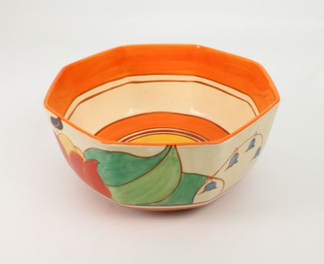 A Clarice Cliff 'Tulip' octagonal bowl - c.1931, painted with red tulips and blue harebells above blue, orange and brown band