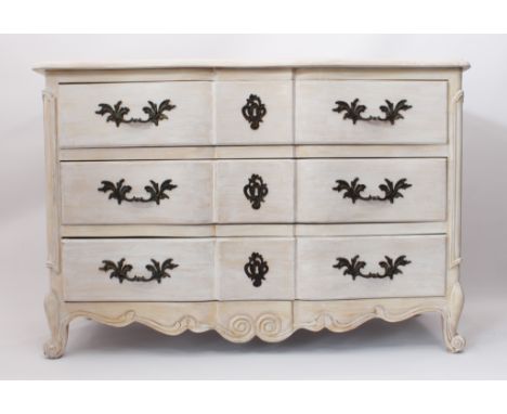 A French 18th century style painted beech serpentine commode - late 20th century, the moulded top over panelled sides and thr