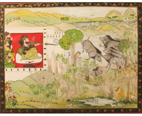 An Indian gouache painting of a Rajput nobleman shooting wild boar from a hunting palace - probably first half 20th century d