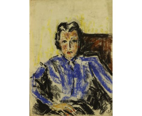 J * V * (Modern Contemporary School) Portrait of a lady wearing a blue blouse mixed media, initialled lower right 22½ x 15½ i