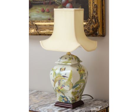 An Oriental style vase lamp - modern, the earthenware lamp of square baluster form, decorated with parrots and other birds am