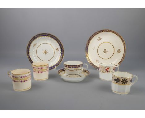 An English porcelain cup and saucer (possibly Worcester), four 19th century coffee cans and two similar Worcester style plate