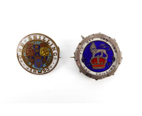 Two enamelled shilling badges: 1. a 1910 silver shilling - its reverse with four-colour champlevé decoration, in a brooch-typ