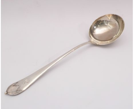 A George VI silver soup ladle - Walker &amp; Hall, Sheffield 1945, with Art Deco style reeded terminal, engraved initial 'S',