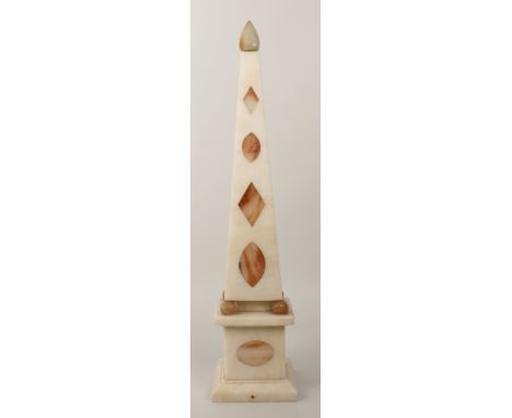 A grand tour style alabaster obelisk - probably mid-20th century, the white alabaster obelisk with inlaid rouge mottled alaba