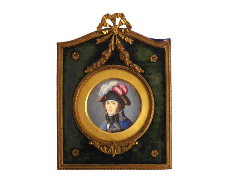 A French watercolour portrait miniature of a naval officer in a gilt and green velvet frame, early 20th century, 5.6 cm diame