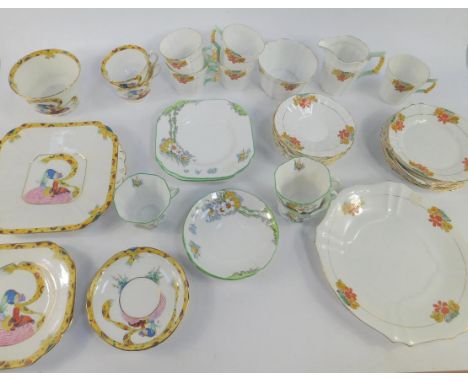 A Melba porcelain part tea service decorated in the Dolly Varden pattern, a further part tea service decorated in The Bell pa