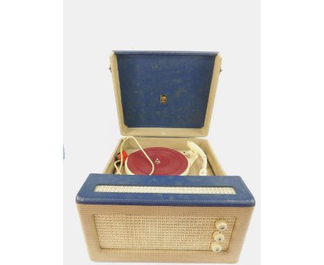 A Collard Ear record player, in a blue and cream case. 
