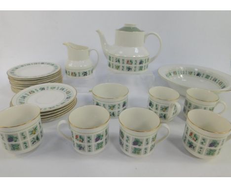 A Royal Doulton porcelain part tea service decorated in the Tapestry pattern, comprising teapot, cream jug, sugar bowl, six c