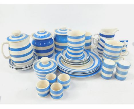 Various T G Green blue banded Cornishware, coffee and sugar jars, jugs, cups, saucers, plates, egg cups and a salt and pepper