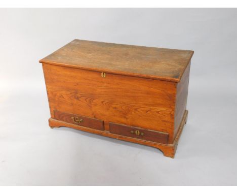 A 19thC oak mule chest, with two frieze drawers, raised on bracket feet, 91cm x 46.5cm x 54cm.