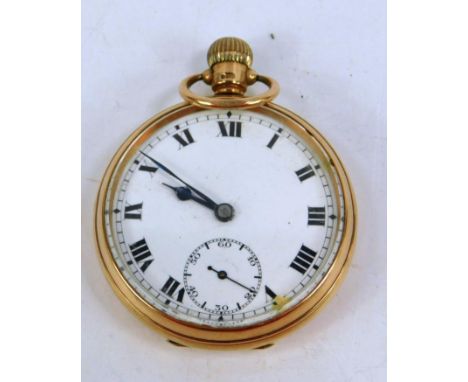A George V gentleman's 9ct gold pocket watch, open faced, keyless wind, enamel dial bearing Roman numerals, subsidiary second