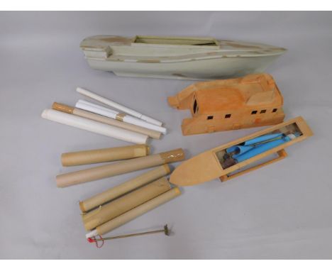 Various parts scratch built boats, blue prints, etc, (qty).