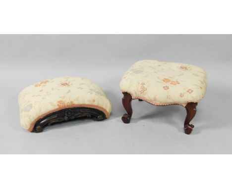 A Victorian style mahogany foot stool, with overstuffed seat, raised on cabriole legs, and a Victorian upholstered oak gout s