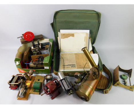 Scratch built engine parts, coils, plans, etc, (qty).