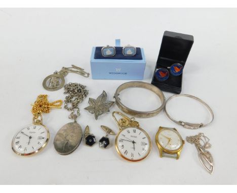 Silver and costume jewellery, including an Avia wristwatch, pocket watches, Wedgwood cuff links, bangle and a lock on chain.