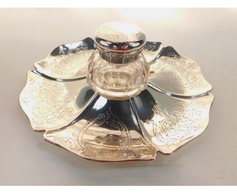 A Victorian cut glass and silver inkwell, on stand, with engraved shield and foliate scroll decoration, Edward Ker Reid for L