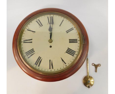A Victorian mahogany circular curved wall clock, the enamel dial bearing Roman numerals, thirty hour movement, with key, 39cm