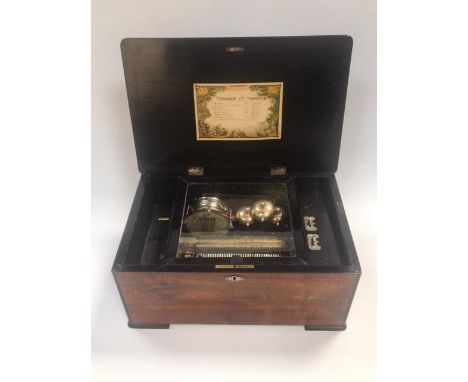 A Swiss late 19thC rosewood cased music box, playing eight airs, the movement with three striking bells, and a drum, the box 