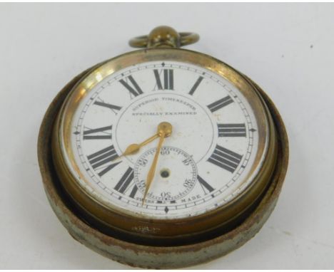 A Gentleman's late 19thC Railway Timekeeper pocket watch, open faced key wind enamel dial bearing Roman numerals, subsidiary 
