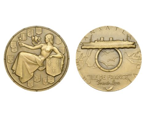 FRANCE, Compagnie Générale Transatlantique, Lancement de restauré SS Ile de France, 1949, a bronze medal by M.-F. Renard, sem