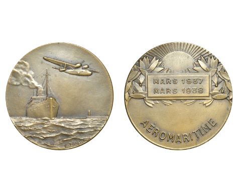FRANCE, Aeromaritime, 1938, an Art Déco bronze medal by E.-C. Fraisse and H.-A.-A. Dubois, liner steaming into a harbour, sea