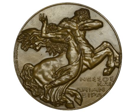 FRANCE, Nessus et Déjanire, 1944, a uniface Art Déco bronze medal by R. Delamarre, the centaur Nessus to right, lifting a sem