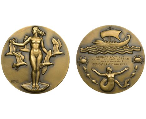 FRANCE, Amphitrite, 1939, an Art Déco bronze medal by G. Guiraud, naked female representing Amphitrite standing facing on sea