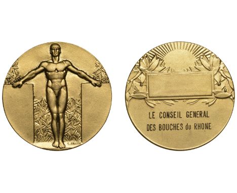 FRANCE, Athlète [Athlete], 1930, an Art Déco gilt-bronze award medal by É.-C. Fraisse and H.-A.-A. Dubois for Le Conseil Géné