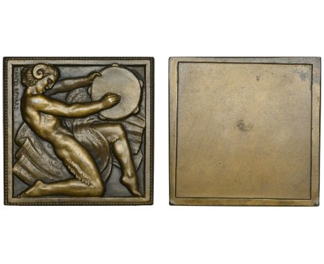 FRANCE, Danseur au Tambourin [Tambourine Dancer], 1931, a uniface square Art Déco bronze plaque by M.-F. Renard, Faune kneeli