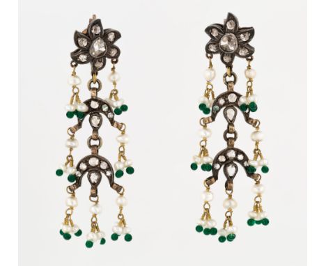 A PAIR OF ANTIQUE INDIAN CHANDELIER EARRINGS WITH SEED PEARLS AND GEMSTONES the post with a large six-petaled flower set with