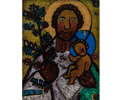 LEOKADIA PLONKOWA (POLISH 20TH CENTURY)St. Joseph with the Christ Child, 1963mixed media on glass41 x 32.5 cm (16 1/8 x 12 3/