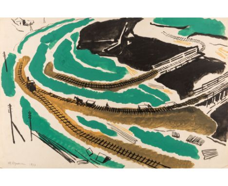 NIKOLAI STEPANOVICH TROSHIN (RUSSIAN 1897-1990)The Railways, 1930gouache on paper36 x 54 cm (14 1/8 x 21 1/4 in.)signed and d