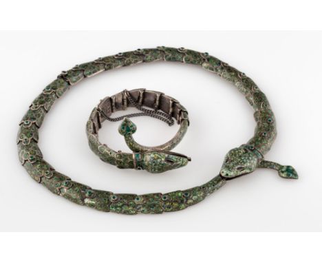 ENAMELLED SILVER SNAKE NECKLACE AND BRACELET SUITE, MELESIO RODRIGUEZ OF MARGOT DE TAXCO, MEXICO, MID 20TH CENTURY the articu